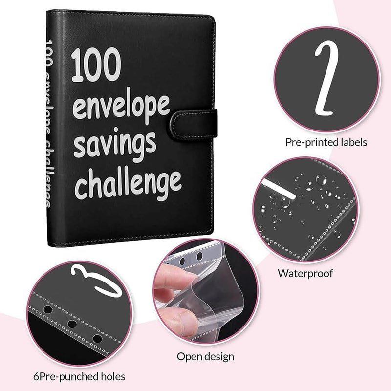 AASLOB 100 Envelopes Money Saving Challenge, 100 Envelope Challenge Binder, Easy and Fun Way to Save $5,050, Savings Challenges Budget Book Binder with Cash Envelopes for Office,Home,School (Black) - Image 3
